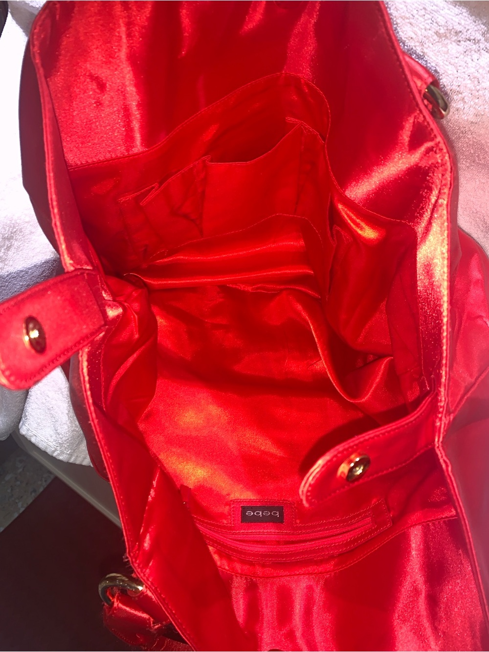 bebe Red Satin Shoulder Tote with Gold Chain Accents - Picture 6 of 10